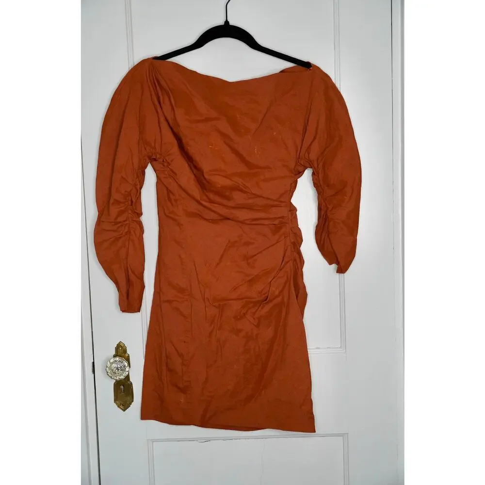A.L.C. Sona Dress Off-the-Shoulder Linen Blend Ruched Mini Pink Red Rock Size 2